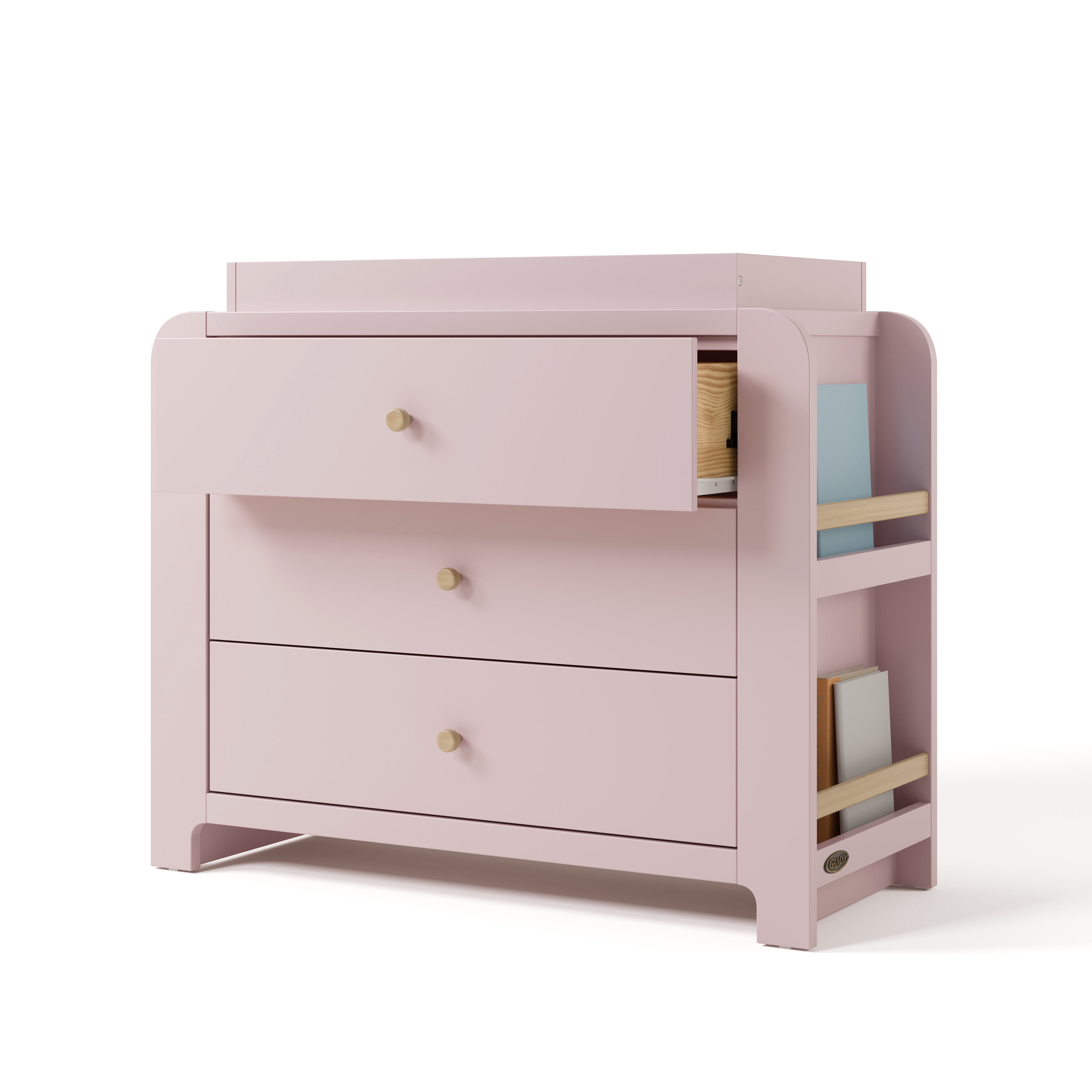 Graco Read-with-Me 3 Drawer Chest with Bookshelves and Removable Changing Topper, Blush with Driftwood
