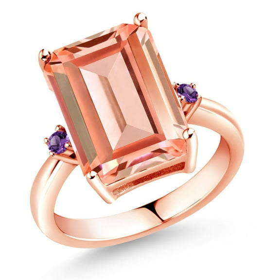 Gem Stone King 18K Rose Gold Plated Silver Peach Nano Morganite and Purple Amethyst Ring for Women (6.38 Cttw, Emerald Cut 14x10MM, Gemstone October Birthstone, Size 8)