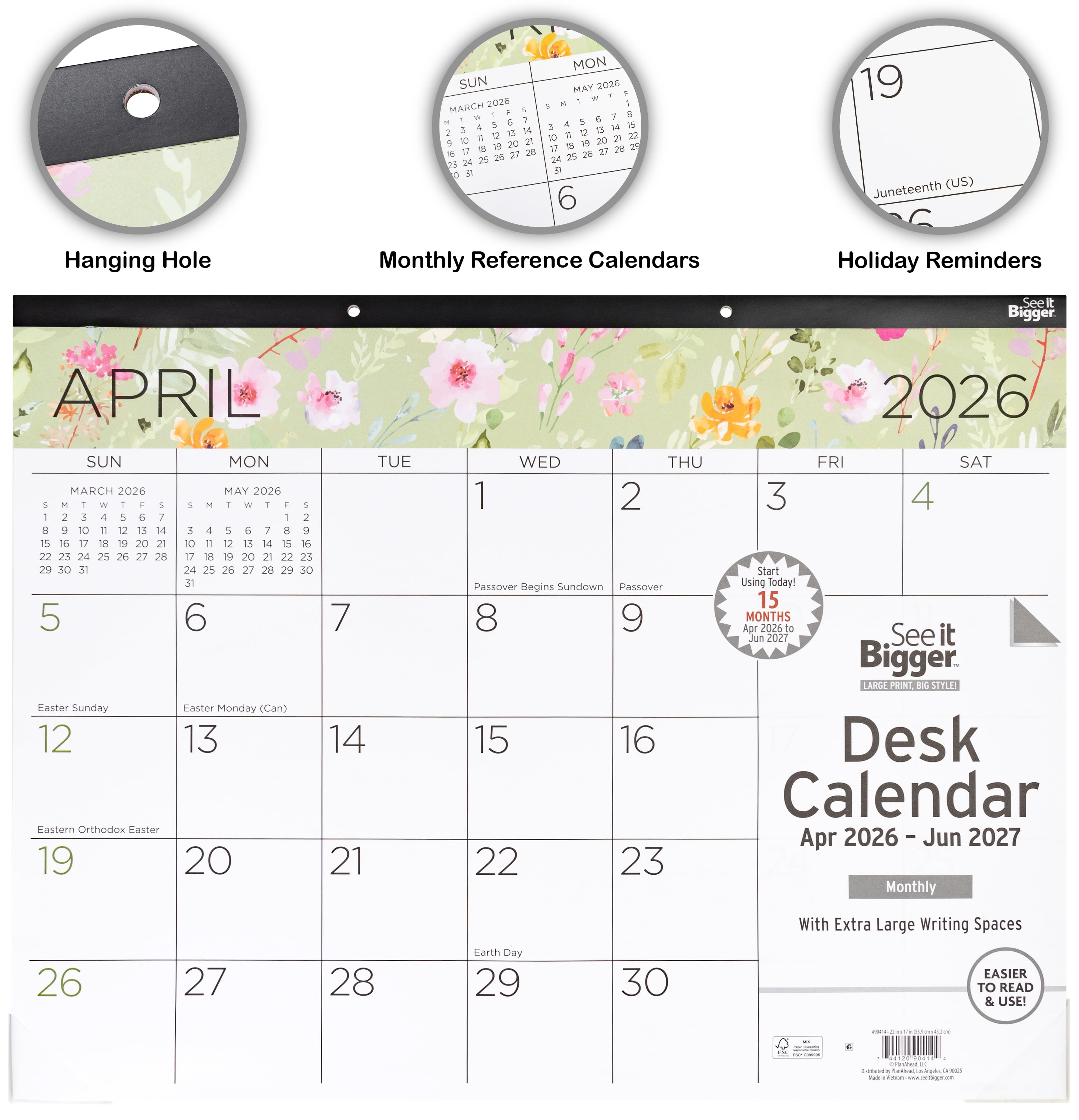 See It Bigger Desk Pad Calendar, Large (17" x 22"), Floral, 15-Month: Apr 2026 - Jun 2027
