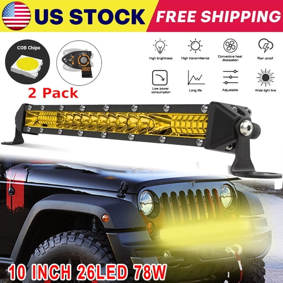 2 Pack 10 Inch 78W Amber LED Light Bar, Combo Spot Flood Beam Offroad LED Pod Light, IP68 Waterproof Slim Single Row LED Work Light for Jeep ATV UTV Truck SUV Off Road Driving Fog Lamp