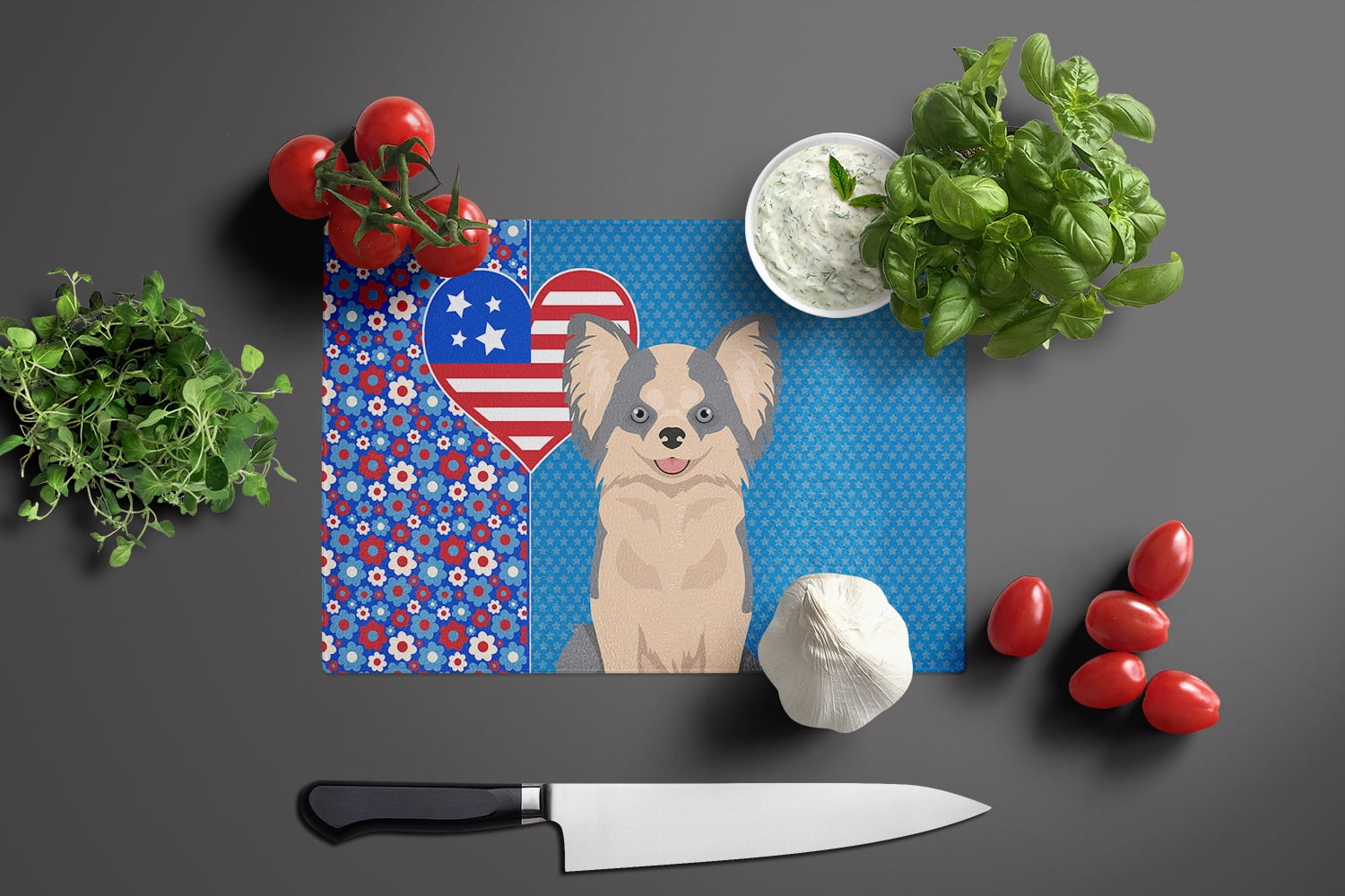 Longhaired Blue and White Chihuahua Glass Cutting Board Large 12 in x 15 in