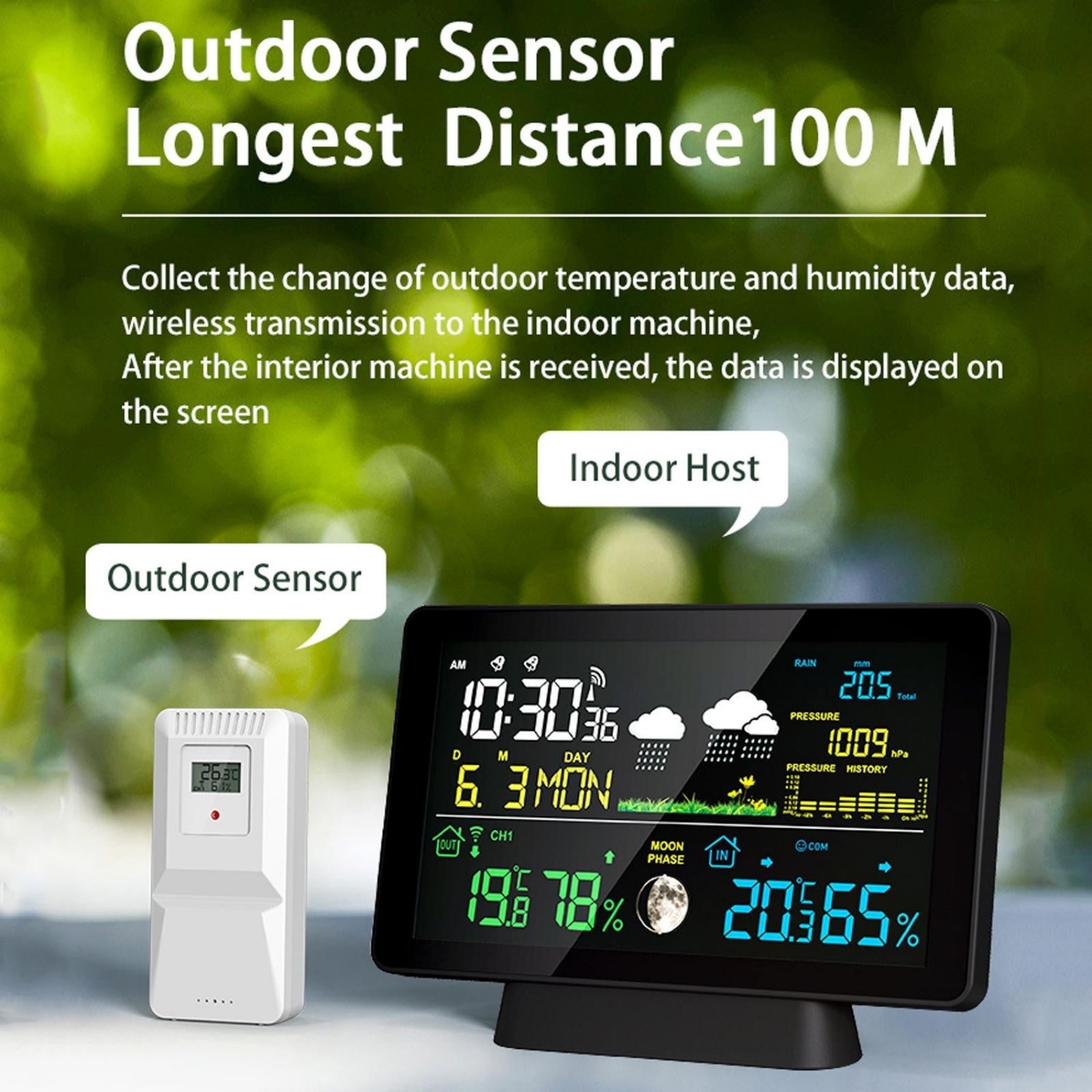 7.5‑Inch Color Screen Weather Station With Rain Gauge, Indoor Outdoor Temperature And Humidity, Atmospheric Pressure, Calendar, Alarm Clock, WWVB Auto Calibration, Triple Remote Sensors