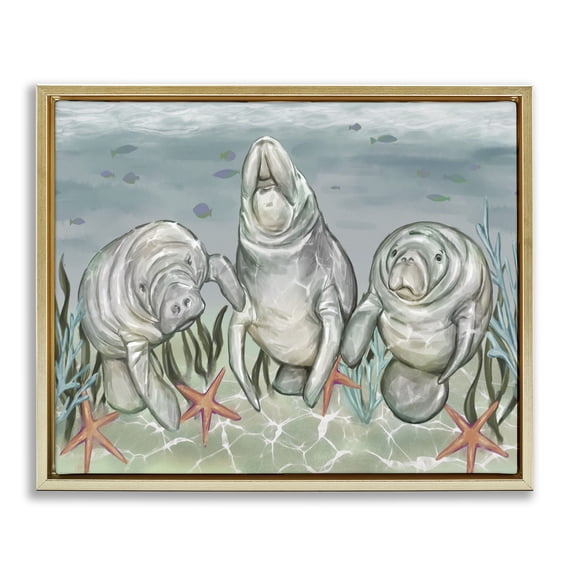 Stupell Industries Tropical Underwater Manatees & Starfish Gold Floating Frame Canvas Art, 21 x 17, by Ziwei Li