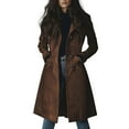 thumbnail image 3 of Women's Classic Brown Suede Trench Coat, Retro Lapel Collar Mid-Length Jacket, Single Breasted Casual Coat, Long Fall Winter Outerwear, Versatile Everyday Wear, Timeless Style Brown L, 3 of 7