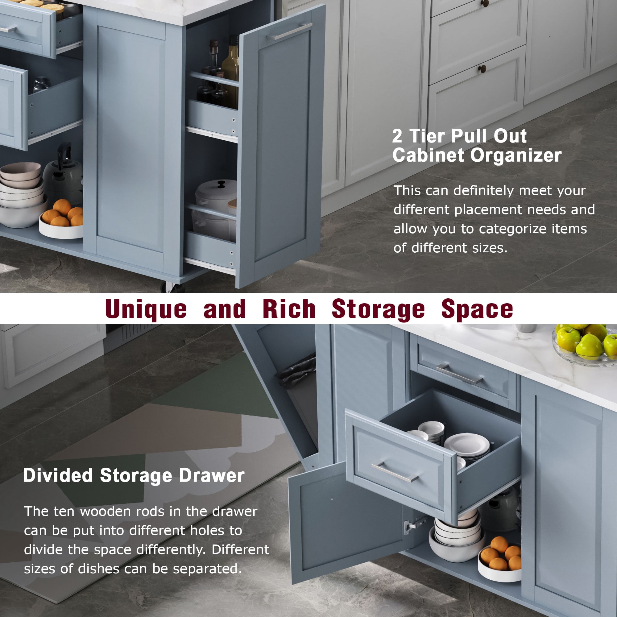 AISWORD 50.7" Kitchen Island with Trash Can Storage Cabinet, Rolling Kitchen Cart on Wheels with Faux Marble Top Drop Leaf, Spice Rack, Towel Rack and Adjustable Shelf, Blue