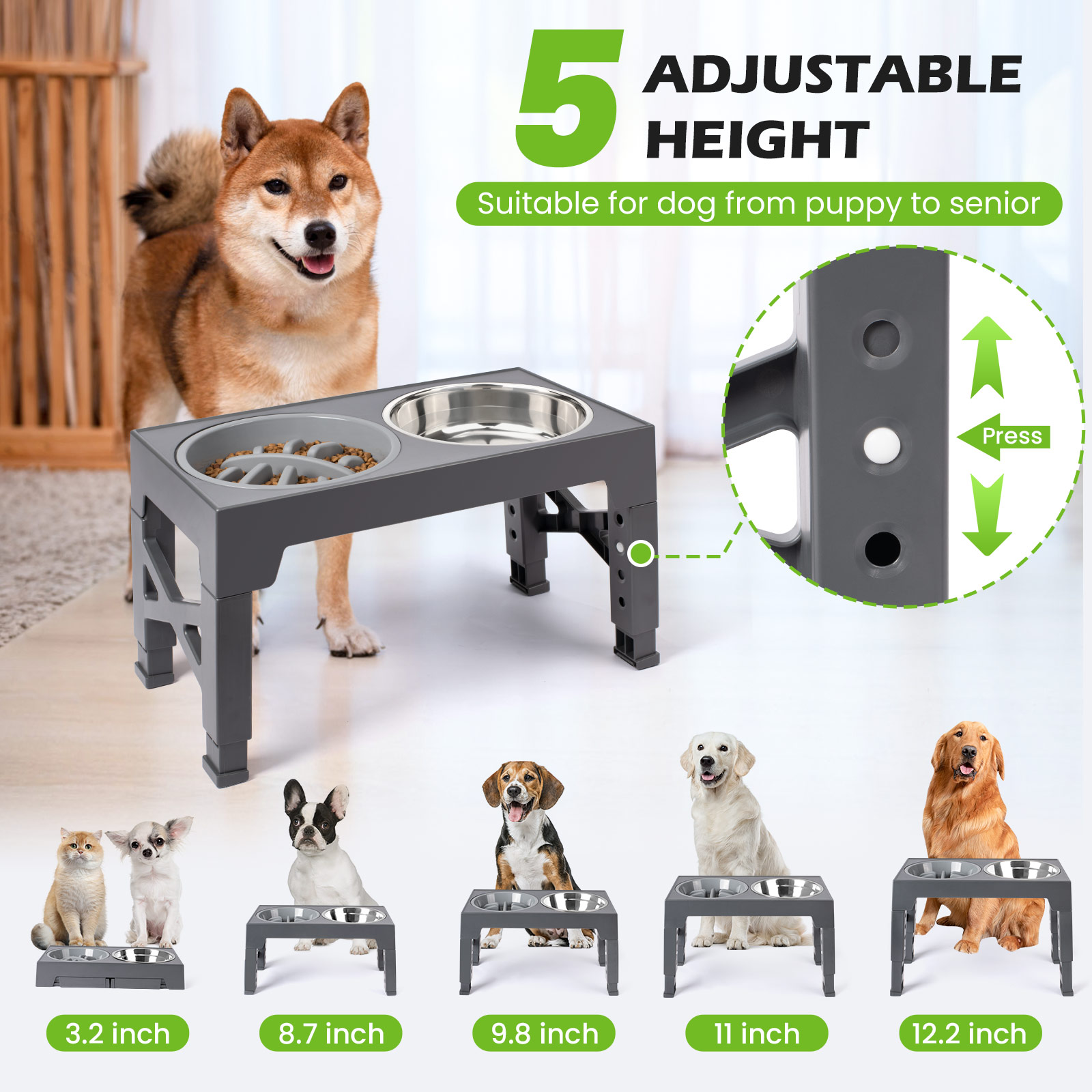 Elevated Dog Bowls Stand with 2 Stainless Steel Bowls & 1 Slow Feeder Adjusts to 5 Heights for Small Medium and Large Dogs(Gray)