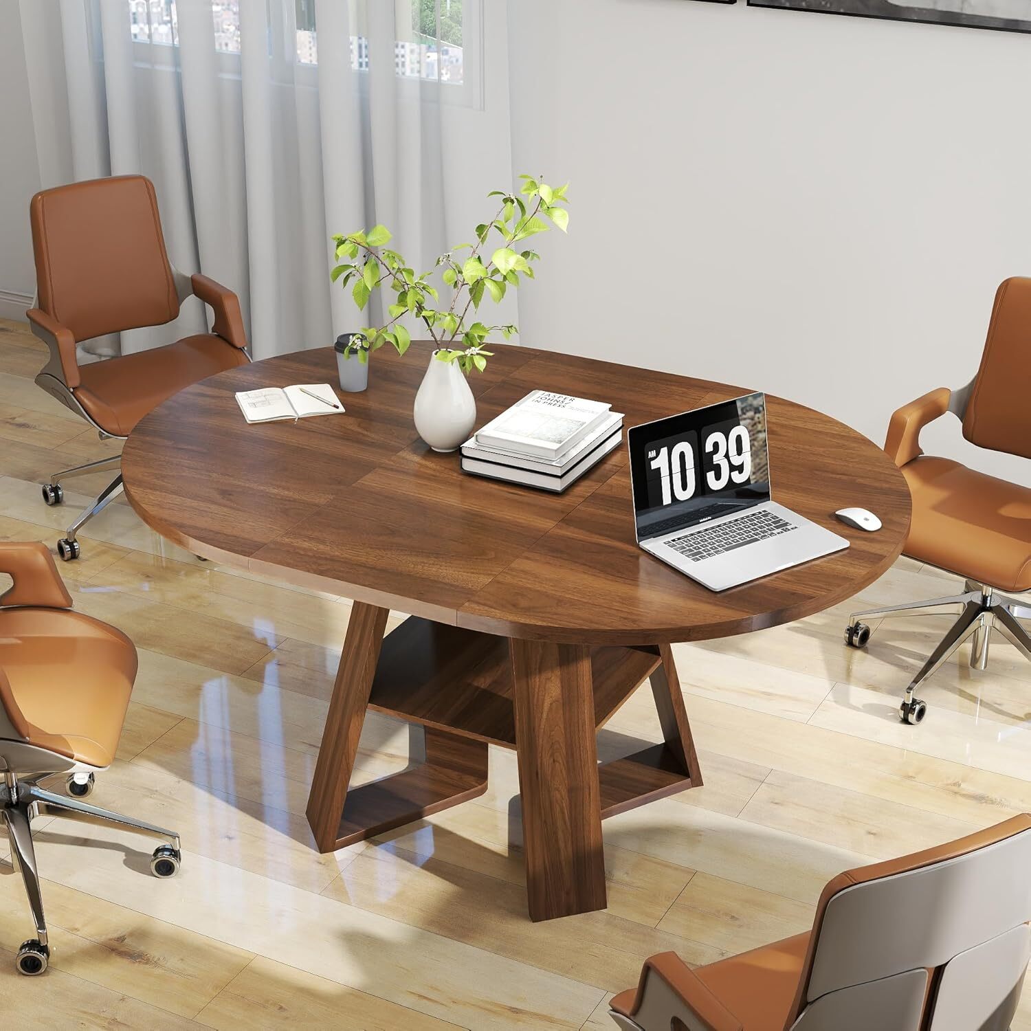 Extendable Round Dining Table for 4-6, Modern Kitchen Oval Dining Table with Removable Leaves for Living Room, Walnut