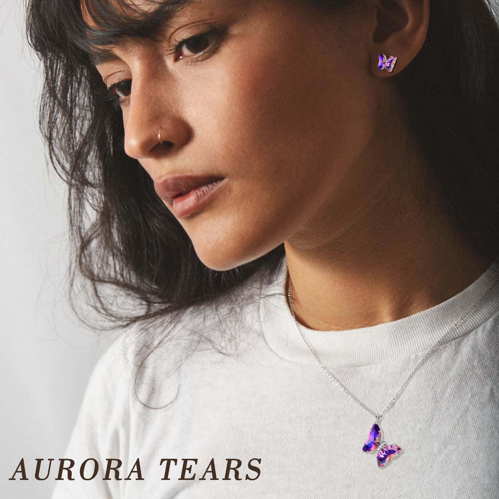 Purple Butterfly Jewelry Sets Necklace Earrings Sterling Silver, Amethyst Jewelry Set February Birthstone Crystal Women Birthday Mother's Day Gifts