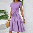 thumbnail image 2 of WTOBBY Women's Summer Casual Floral Print Belted Dress Short Sleeve Round Neck Elegant Office Wear,Light Purple XL, 2 of 4