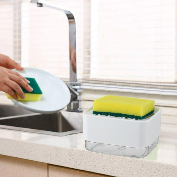 Fiudx Dispensador de Jabón, Bomba de Espuma Automática, Práctico Dispensador de Detergente, Esencial para La Cocina Que Ahorra Espacio, Fácil de Usar, Función de Secado de Esponja, Plástico Blanco, T