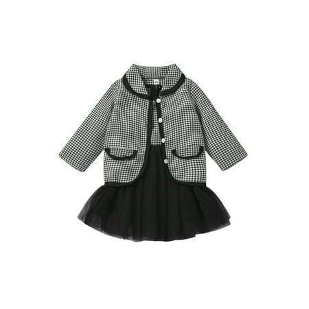 

Canrulo Princess Baby Girls Clothes 2pcs Plaid Printed Single Breasted Jacket Tops+Sleeveless Lace Tutu Dress Sets Black 6-12 Months