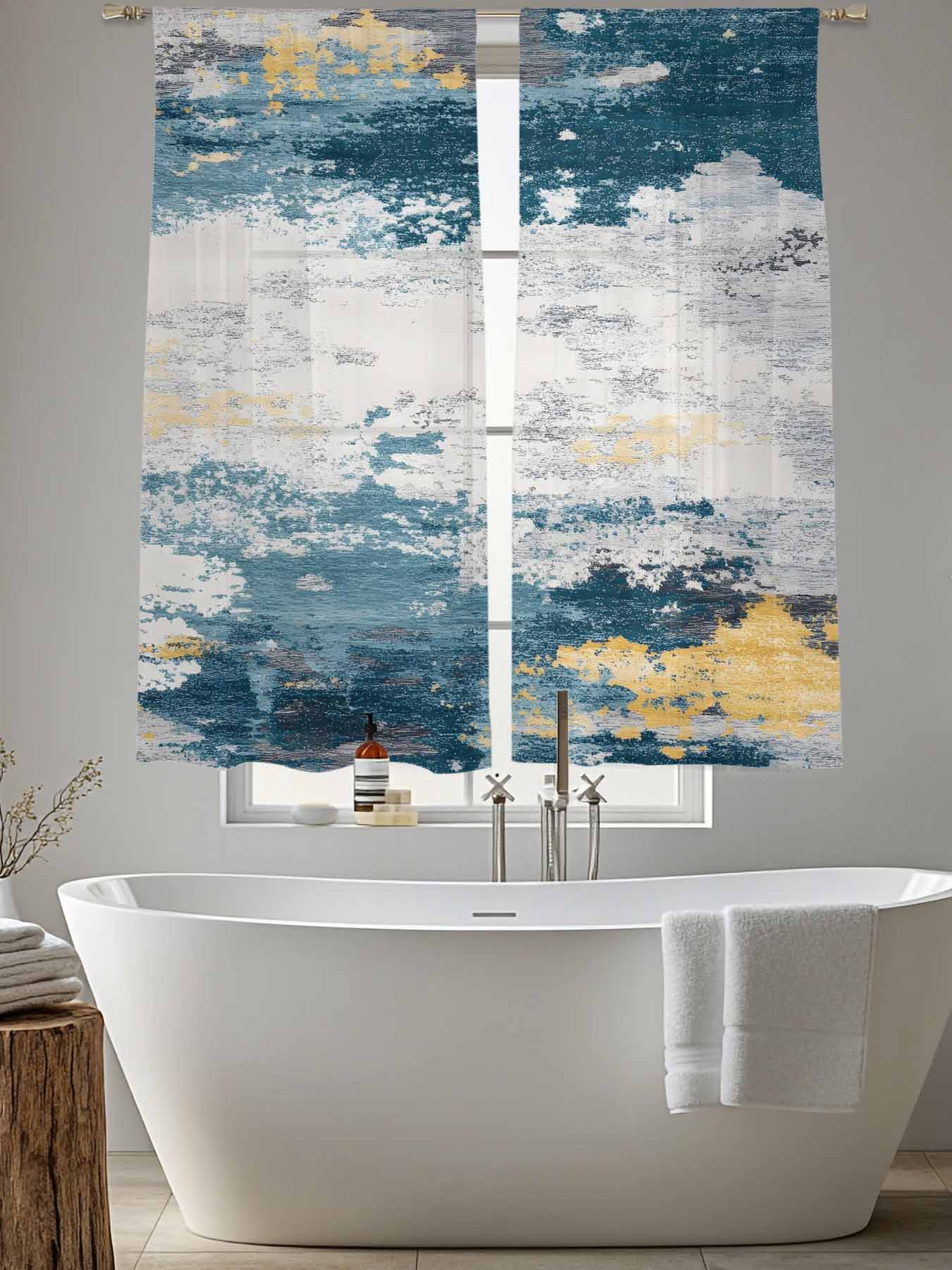 Navy Gold Gray Sheer Curtains for Living Room Bedroom, Abstract Art Mottled Old Gradient Color Light Filtering Sheer Curtains, Rod Pocket Voile Window Drapes, 2 Panels Set 52"x 63"