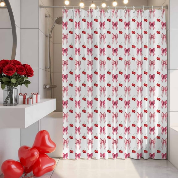 Sweet Bows Shower Curtain, 48" x 72", Pink Bow Red Cherry Pink Theme Waterproof Bathroom Curtain Washable Shower Curtain Set with 12 Hooks