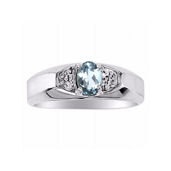 RYLOS Men's Rings 14K White Gold Classic Nugget 6X4MM Oval Gemstone & Diamond Ring Aquamarine March Birthstone Rings Size 11