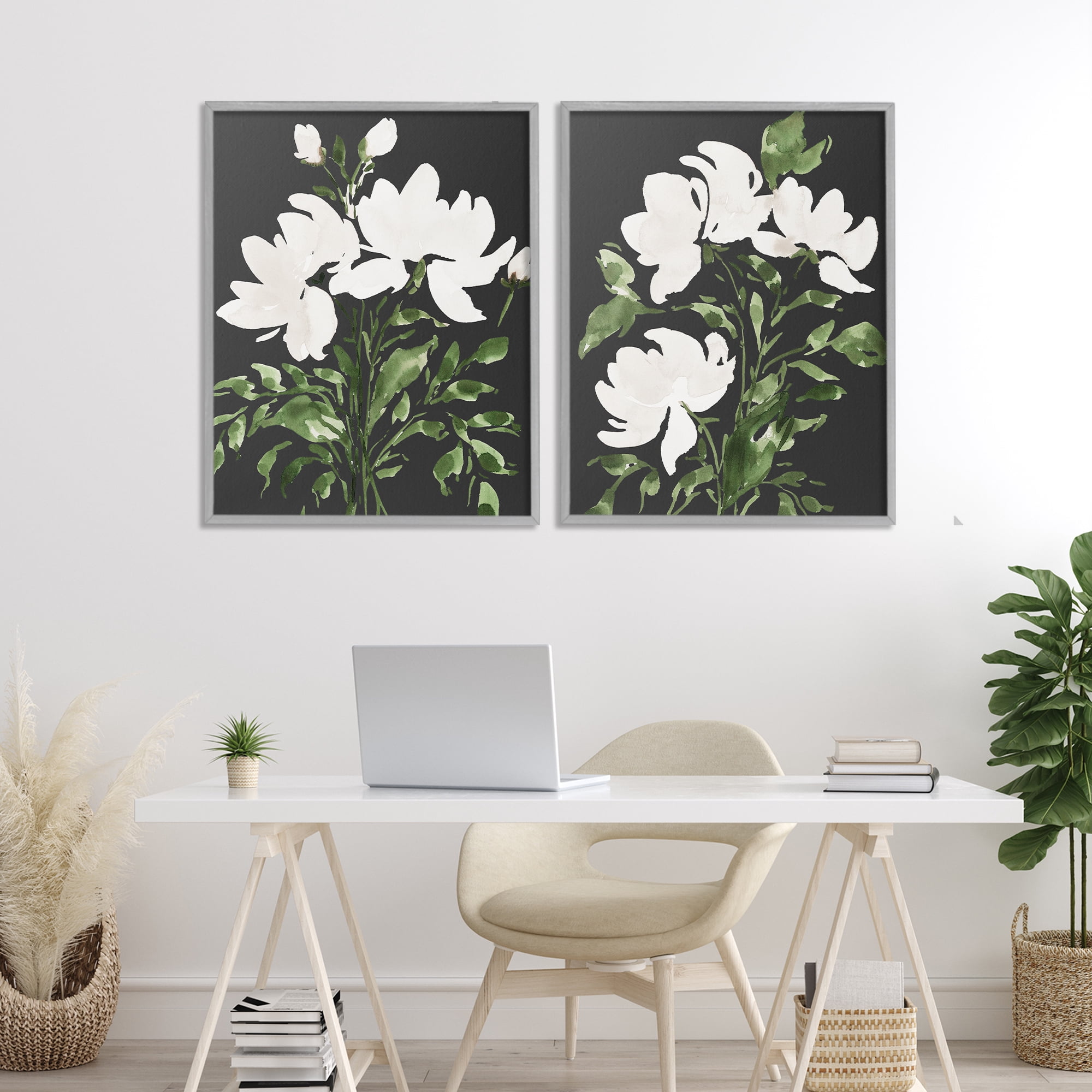 Stupell Industries White On Black Blooms 2 Piece Gray Framed Giclee Art Set, design by Lucille Price