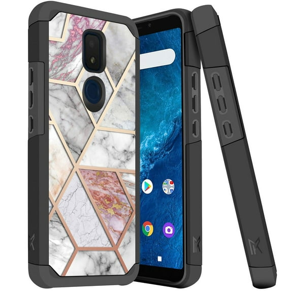 ANJ+ Slim Dual Layer Hybrid Shockproof Case + Tempered Glass Cover for Cricket Icon 3, Splendor, AT&T Motivate 2 - Nordic White Marble