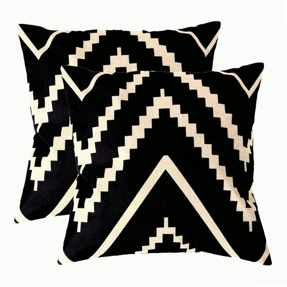 Geometric Stripe Decor Pillow Covers - Set of 2 Black & Beige Linen Cushion Cases for Sofa, Couch, Bed - Modern Home Decor Accent 18x18