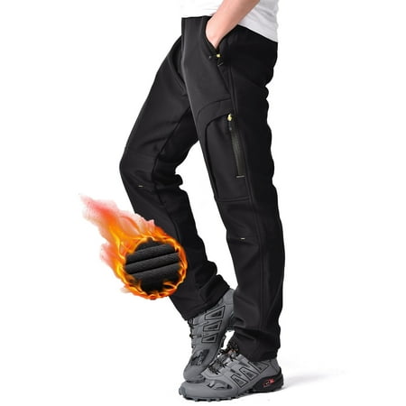 POENTAB Men's Hiking Snow Pants Winter Fleece Lined Insulated Softshell Waterproof Ski Hunting Pant Black 36