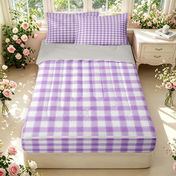 Manfei Vintage Grid Zipper Twin Comforter Sets with Fitted Sheet and 2 Pillowcases,Modern Checkered Zipper Bedding Set,Purple White,Light Gray Reversible,4pcs