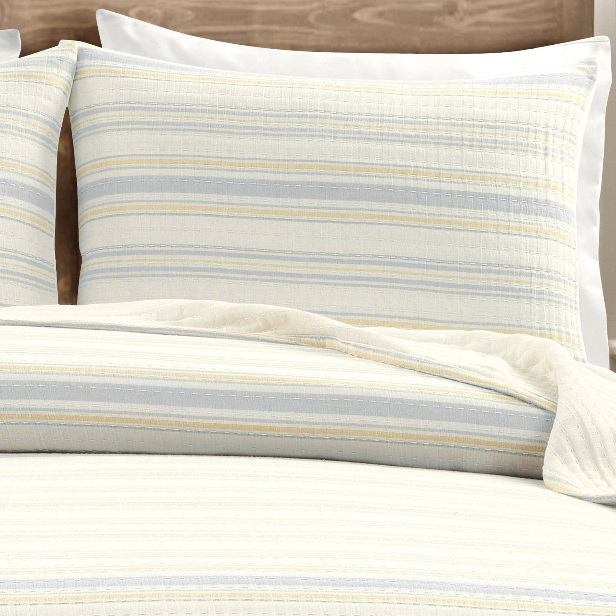 Lush Decor 100% Cotton Solange Stripe Kantha Pick Stitch Yarn Dyed Cotton Woven Quilt/Coverlet Yellow/Gray 3Pc King