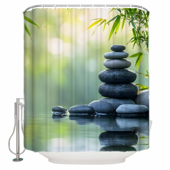 Extra Long Shower Curtain 72x96 Inch, Zen Stones Shower Curtain Waterproof Bathroom Decor Nature Water Reflection Country Botanical Fabric Bath Curtain Set Accessories with Hooks