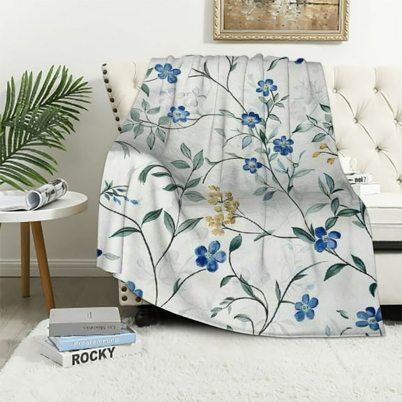 JRXY Spring Floral Throw Blanket, Blue and Yellow Watercolor Floral Throw Blanket for Couch, Farmhouse FlowersSoft and Warm Throw Blanket for Women White