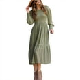 thumbnail image 1 of Vestido Liso Cuello Redondo Manga Larga Pecho Fruncido Retro Suelto Cómodo Vestido Largo Verde XL, 1 of 8
