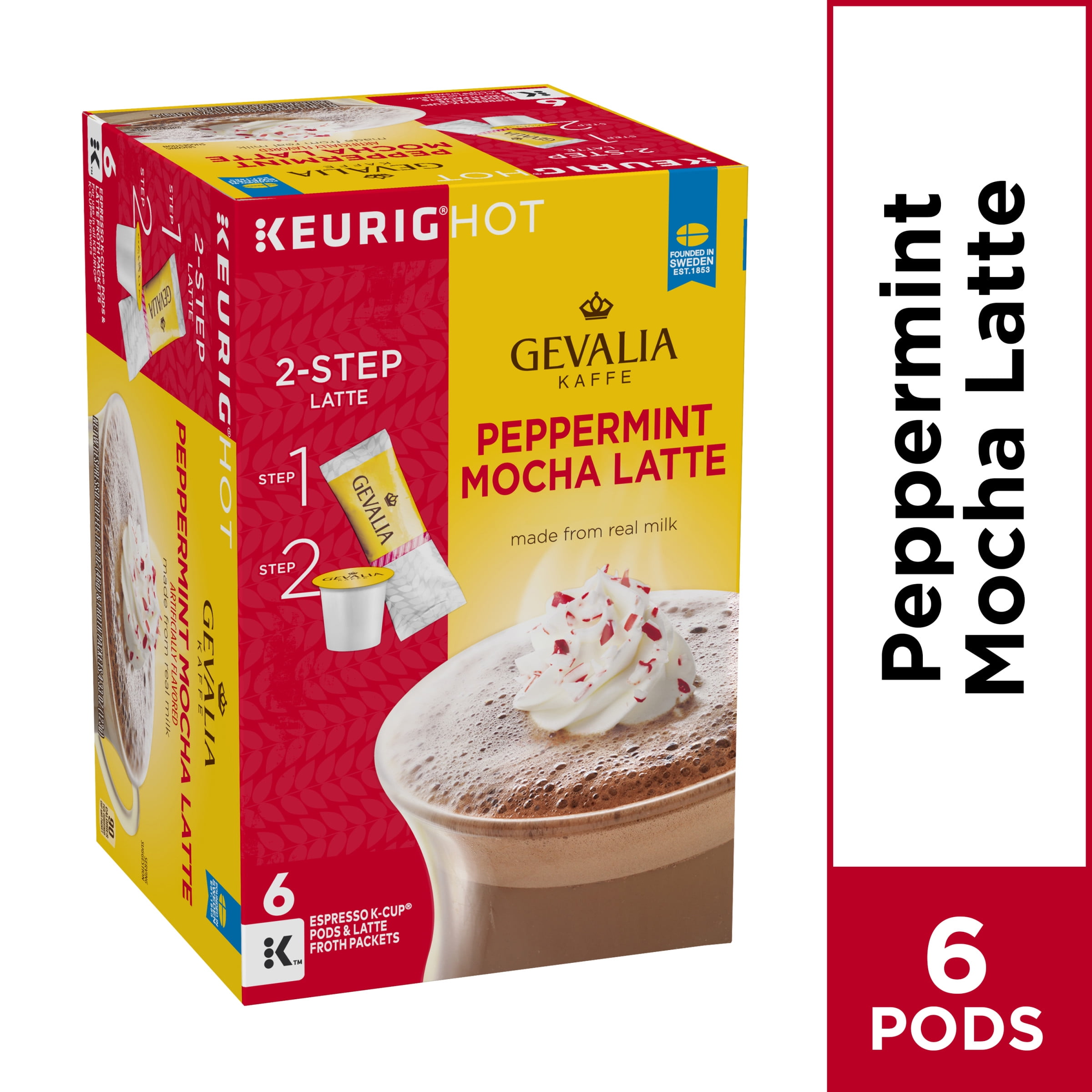 Photo 1 of Gevalia Peppermint Mocha Latte K Cup Espresso Pods with Latte Froth Packets, Caffeinated, 6 ct - 5.95 oz Box