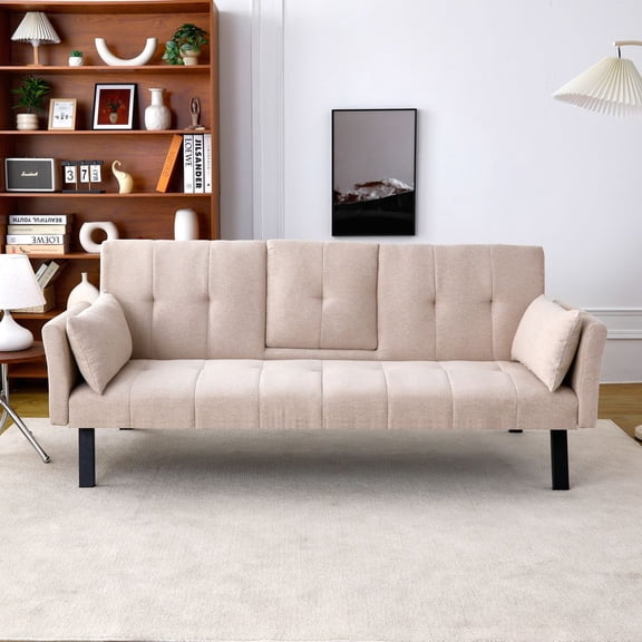 YINGYING 70” Convertible Futon Sofa Bed, Foldable  Futon Couch with Cup Holder & Side Storage Loveseat for Compact Living Room, Apartment