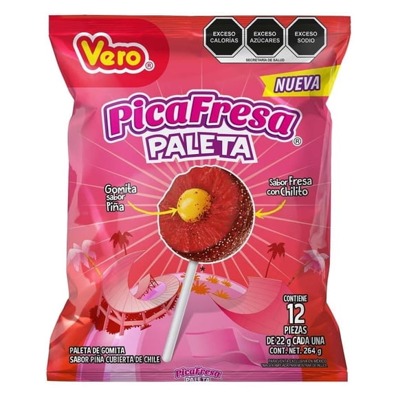Paletas Vero Pica Fresa con chilito y gomita sabor a piña 12 pzas de 22 g c/u