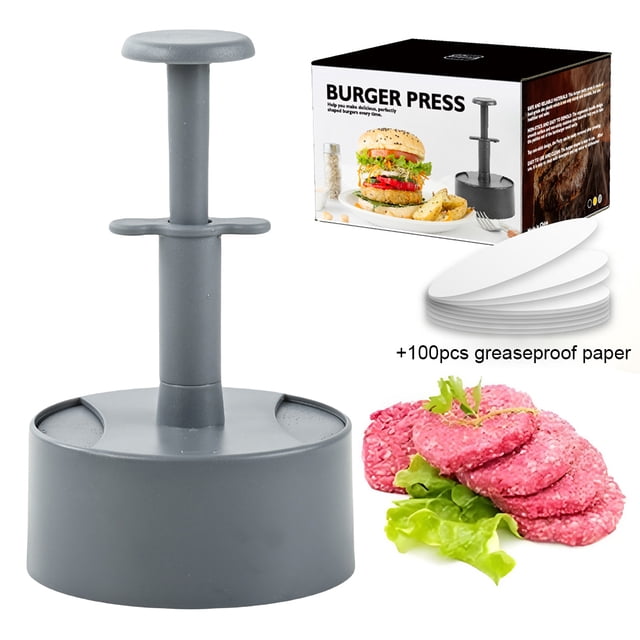 Prensa Redonda Plástico ABS Tipo Hamburguesa Prensa para Hamburguesas Casera Manual Prensa Carne Antiadherente (100 Piezas Papel Aceite Caja Color Gris)
