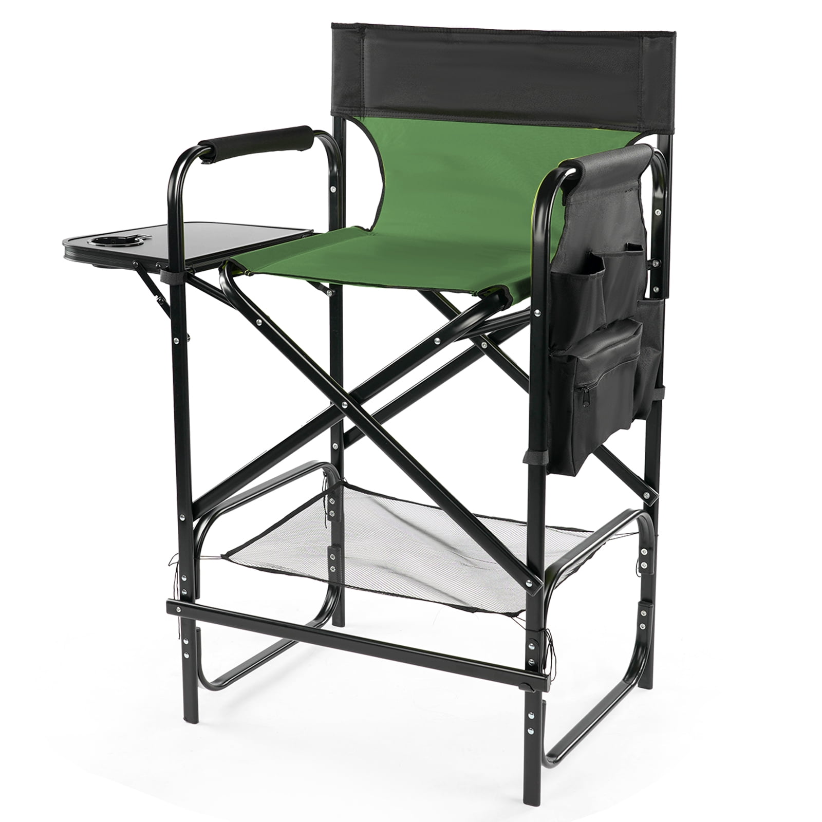31" Tall Directors Chair with Footrest, 4Portable Bar Height Folding Camping Chair with Built-in Cup Holder, Side Table, Storage Pocket, Olive