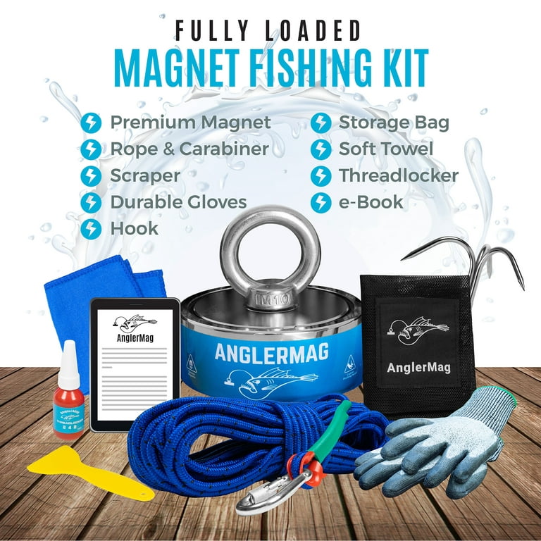 AnglerMag Magnet Fishing Kit, 1250 lbs Double Sided Magnet with Rope,  Carabiner, Gloves, Grappling Hook & Carrying Bag, 10 Piece Complete Set