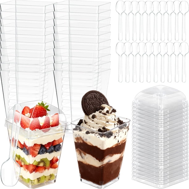 Vasos de plástico para postres DOUDOULE, 150 ml, con tapas y cucharas, paquete de 20