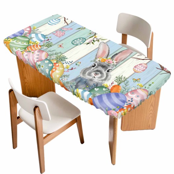 Happy Easter Table Cloths for 5 Foot Rectangle Tables, Spring Bunny Colorful Eggs Wooden Grain Patio Waterproof Elastic Fitted Tablecloths, Washable Rectangular Table Cover for Camping