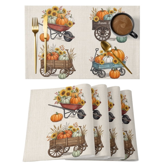 Placemats Set of 2 - 13x19 Inch, Fall Harvest Non-Slip Washable Place Mats for Dining Table, Thanksgiving Pumpkins Sunflowers Rustic Polyester & Linen Blend Table Mats for Kitchen Party Holiday