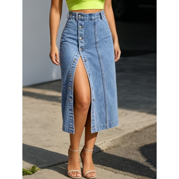 Women's High Waisted Denim Midi Skirt Button Front Front Split Jeans Skirt Straight Long Denim Skirt with Pockets