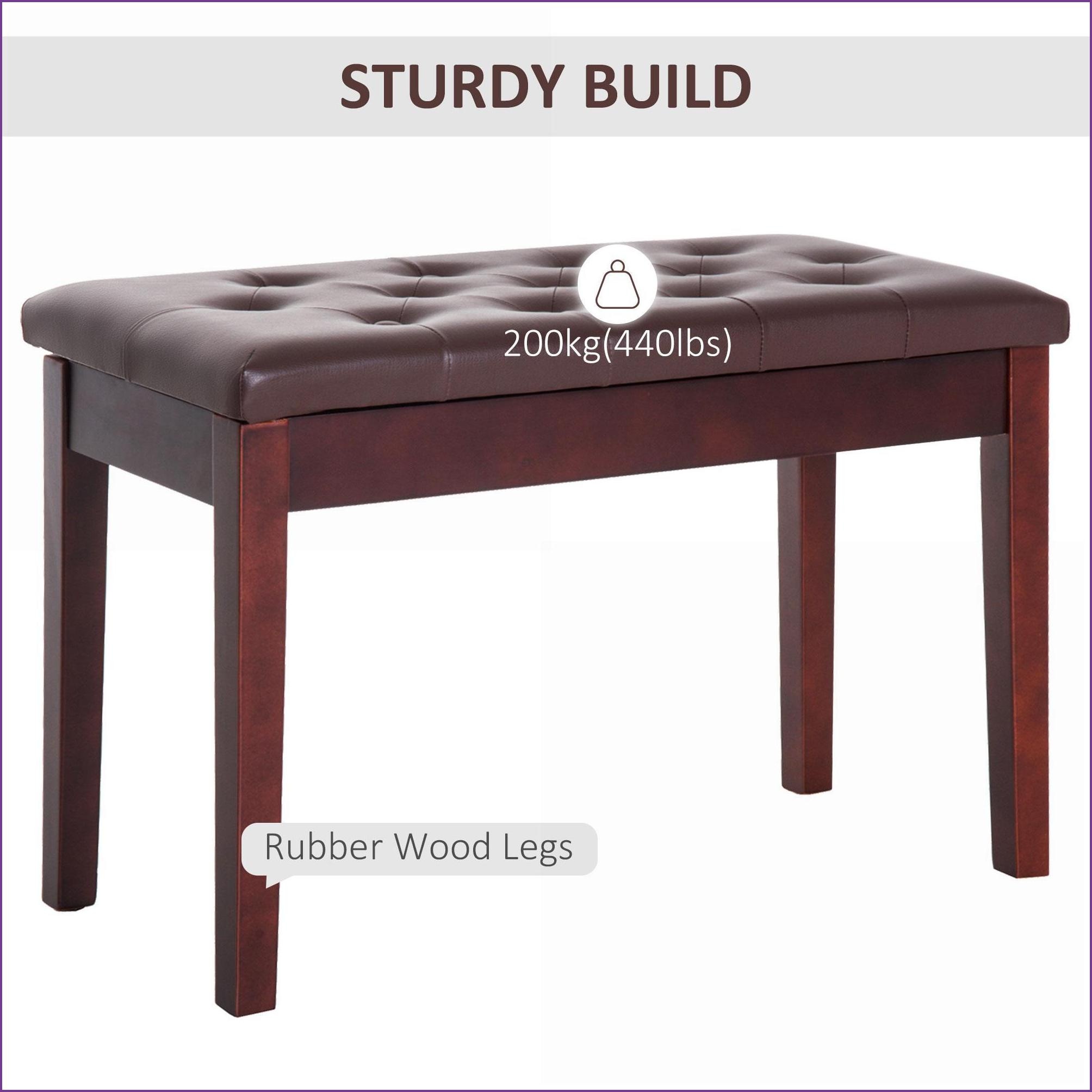 Piano Bench, Traditional Country Duet Seat with Tufted Faux Leather Cushion & Wooden Frame | Walnut Brown | Faux Leather