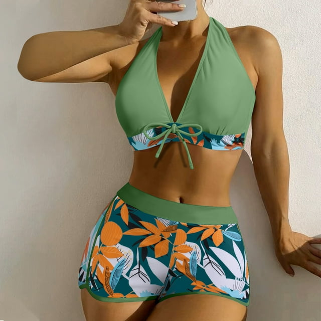 EGNMCR Bikini Set Women With Chest Pad Without Underwire Print High-waisted Patchwork Swimming Trunks Split Swimsuit