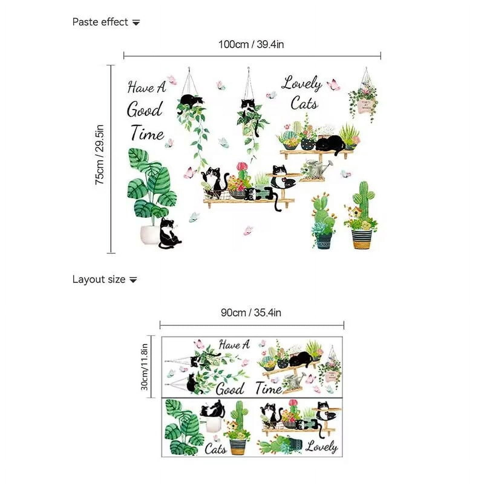 Green Potted Plant Cactus Wall Decal Cute Black Cat Stickers, Creative Tropical Bonsai Flower Cactus Wallpaper, Removable Animal Art Mural for Bedroom Kitchen Nursery Home Decoration