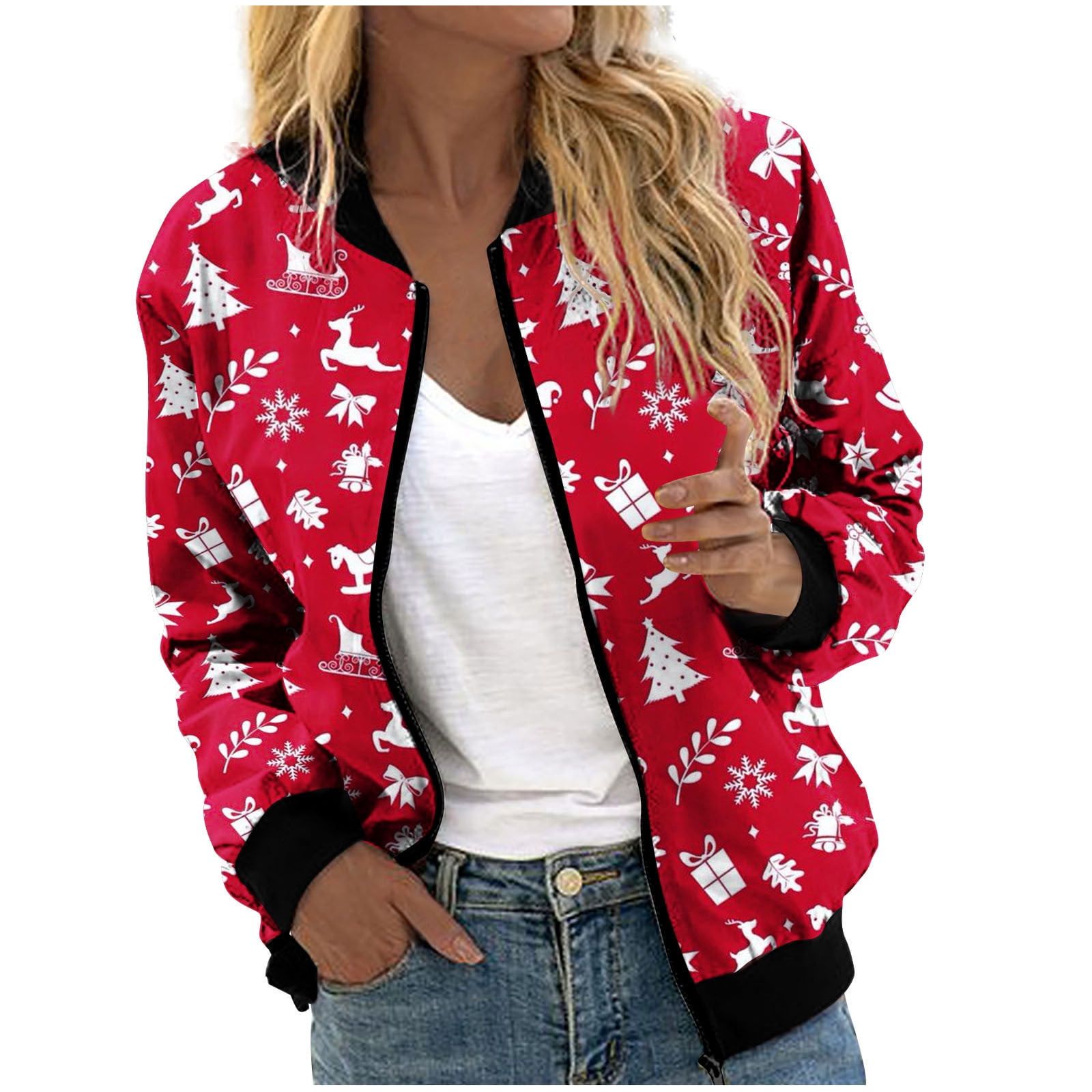 Women s Christmas Print Bomber Jacket Casual Lightweight Coat Zip