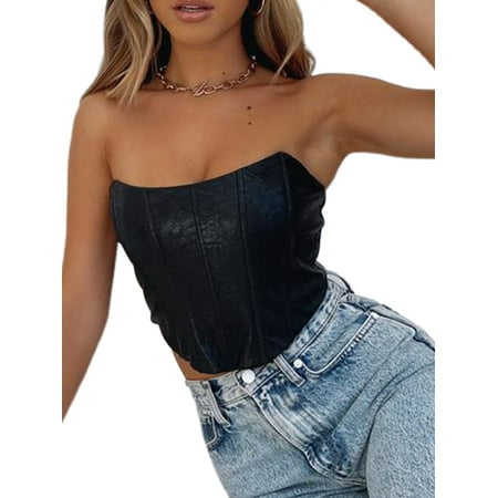 

JBEELATE Women s Solid Color Tube Tops Off Shoulder Ribbed Irregular Hem PU Leather Corset for Women