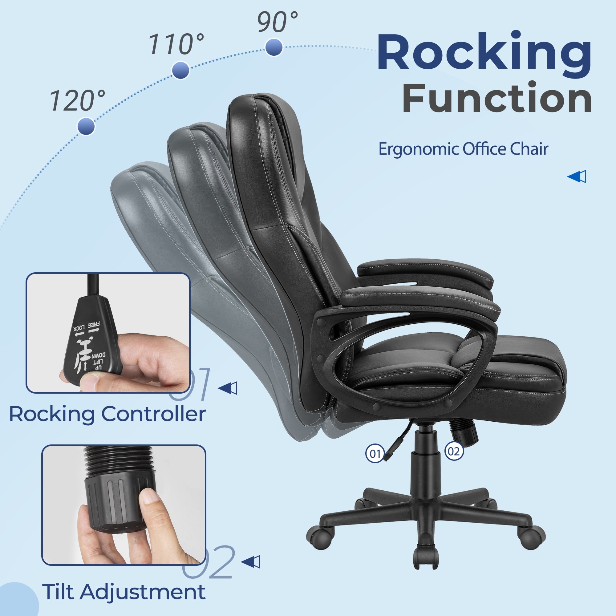 Furmax High-back Executive Office Chair with Lumbar Support Height Adjustable Swivel PU Leather Chair, Black