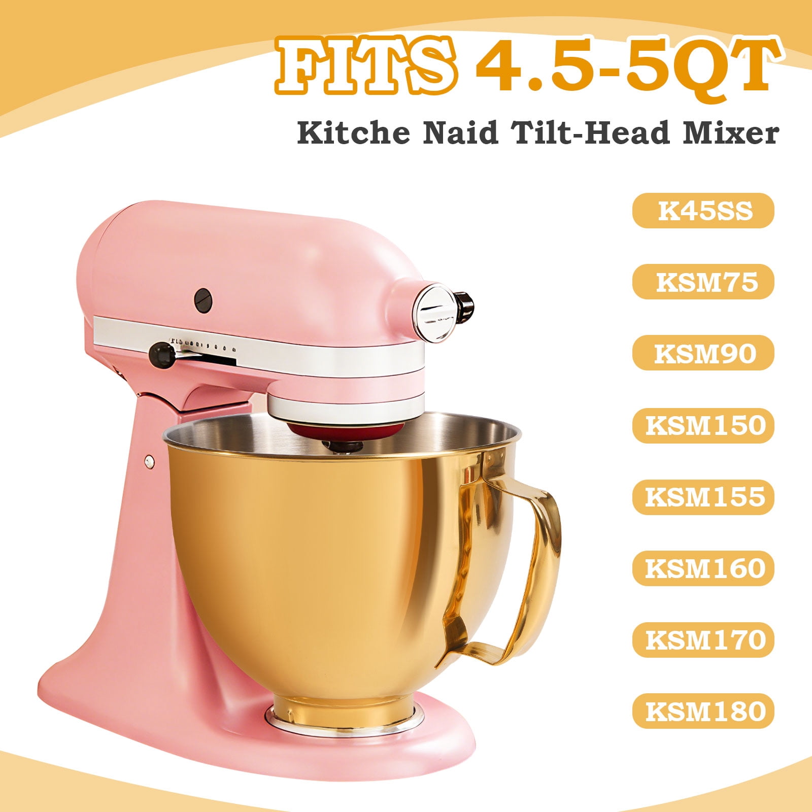 Uscover 5 Quart Metallic Finish 304 Stainless Steel Bowl for KitchenAid 4.5/5QT Tilt-Head Stand Mixer, Dishwasher Safe(Gold Color)