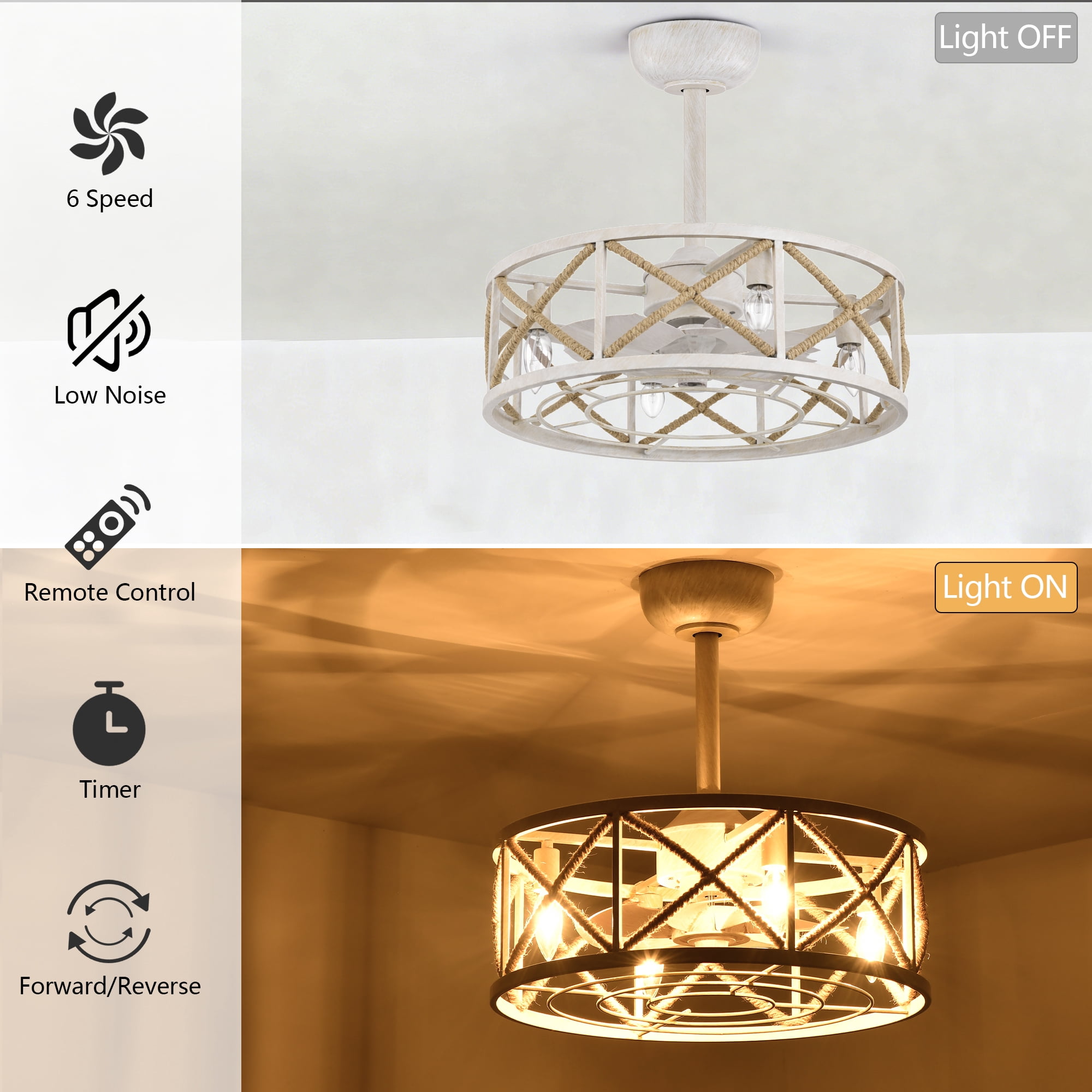 Maxax 18.9" Farmhouse Ceiling Fan with Lights, Vintage White 7-Blade Fan, 6-Speed Remote, Reversible Motor, 4 E12 Sockets, Bedroom Dining Room Living Room