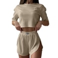 thumbnail image 2 of Jamicy Women's Pajamas Set Solid Color Casual Sleepwear Tee Shirts and Shorts Side Slit Crewneck Loungewear Two-Piece Set for Home Wear, 2 of 9