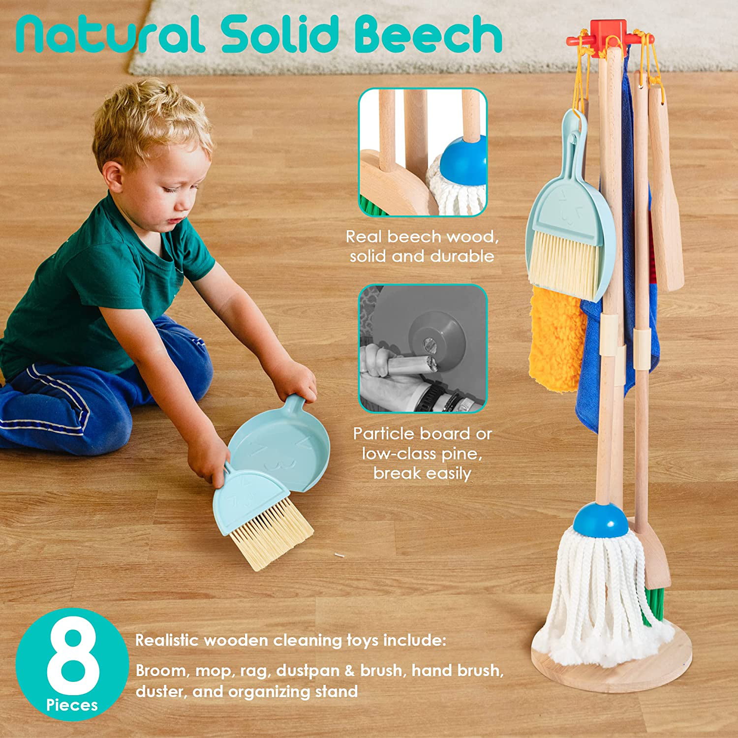  Kids Kitchen Cleaning Set - 7 Piece Kitchen Cleaning Toys  Includes Broom, Mop, Duster, Dustpan, Brush, Rag and Hanging Stand, -  Kitchen Toy Toddler Cleaning Set Gift for Toddler Girls 