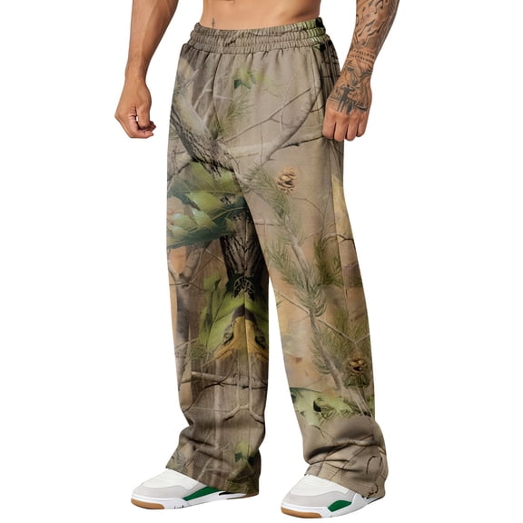 Cthrlog Mens Baggy Pants Casual Camo Print Streetwear Pants Athletic Elastic Waist Wide Leg Pants Funny with Pockets Green 023