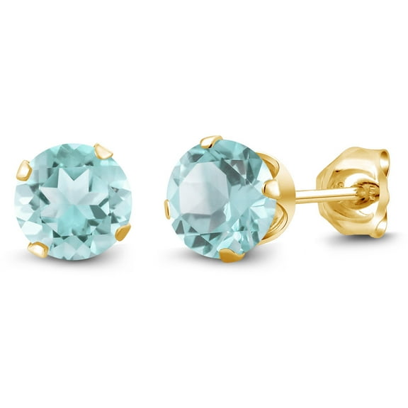 Gem Stone King Sky Blue Topaz 18K Yellow Gold Plated Silver Stud Earrings for Women Men (1.20 Ct Round Shape 5MM)