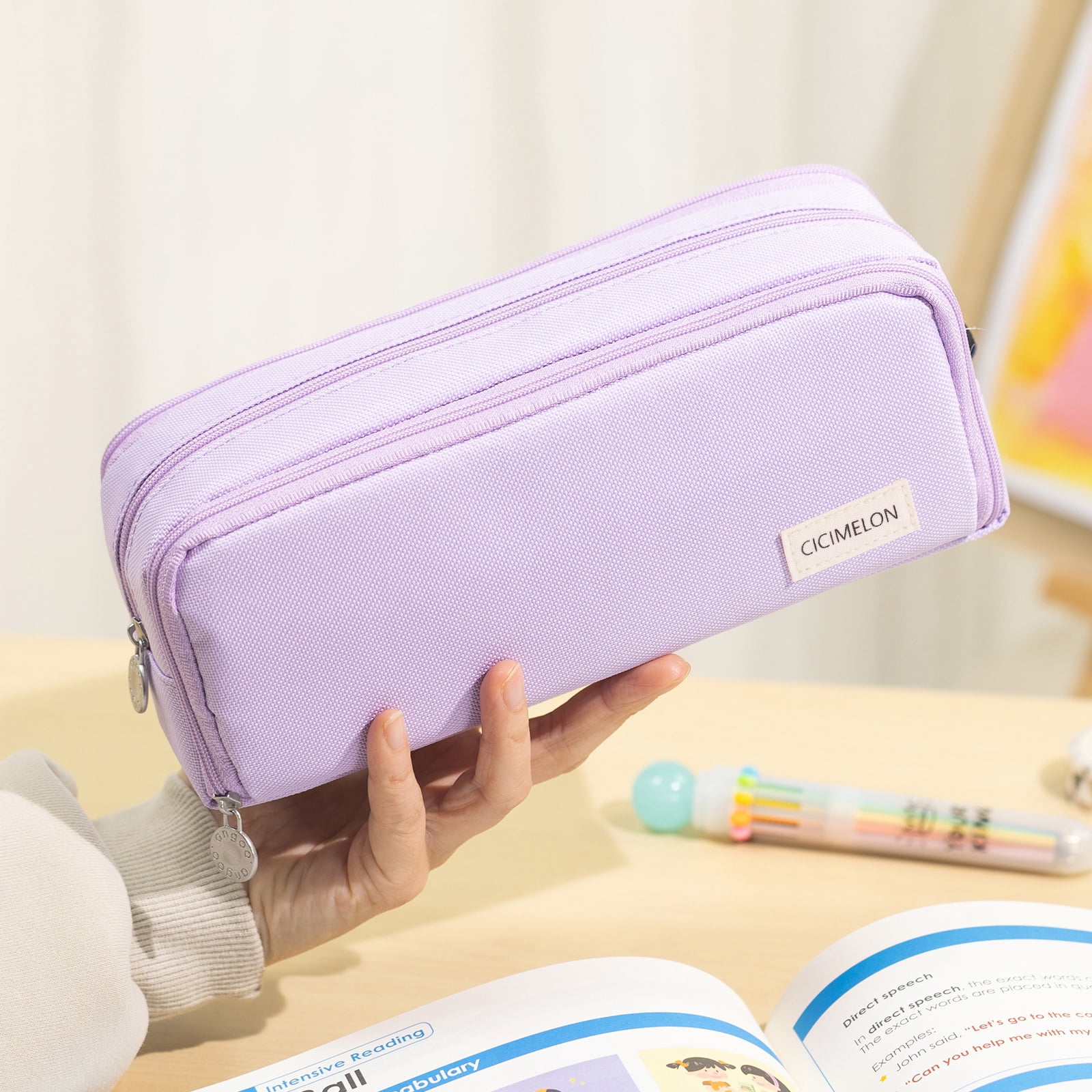 CICIMELON Pencil Case Large Capacity 3 Compartments Pen Pouch Bag for Adults Women (Purple)